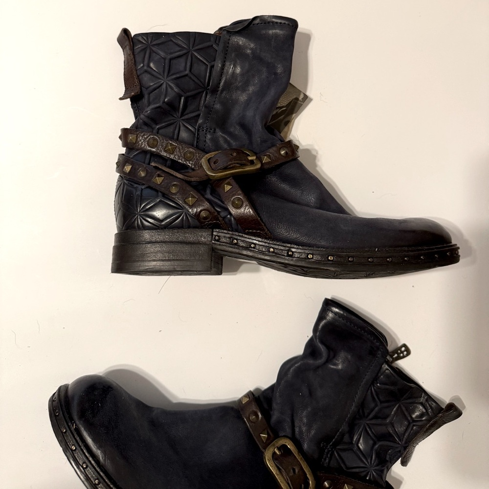 New-A.S.98 Navy and Dark Brown Leather Biker Boots